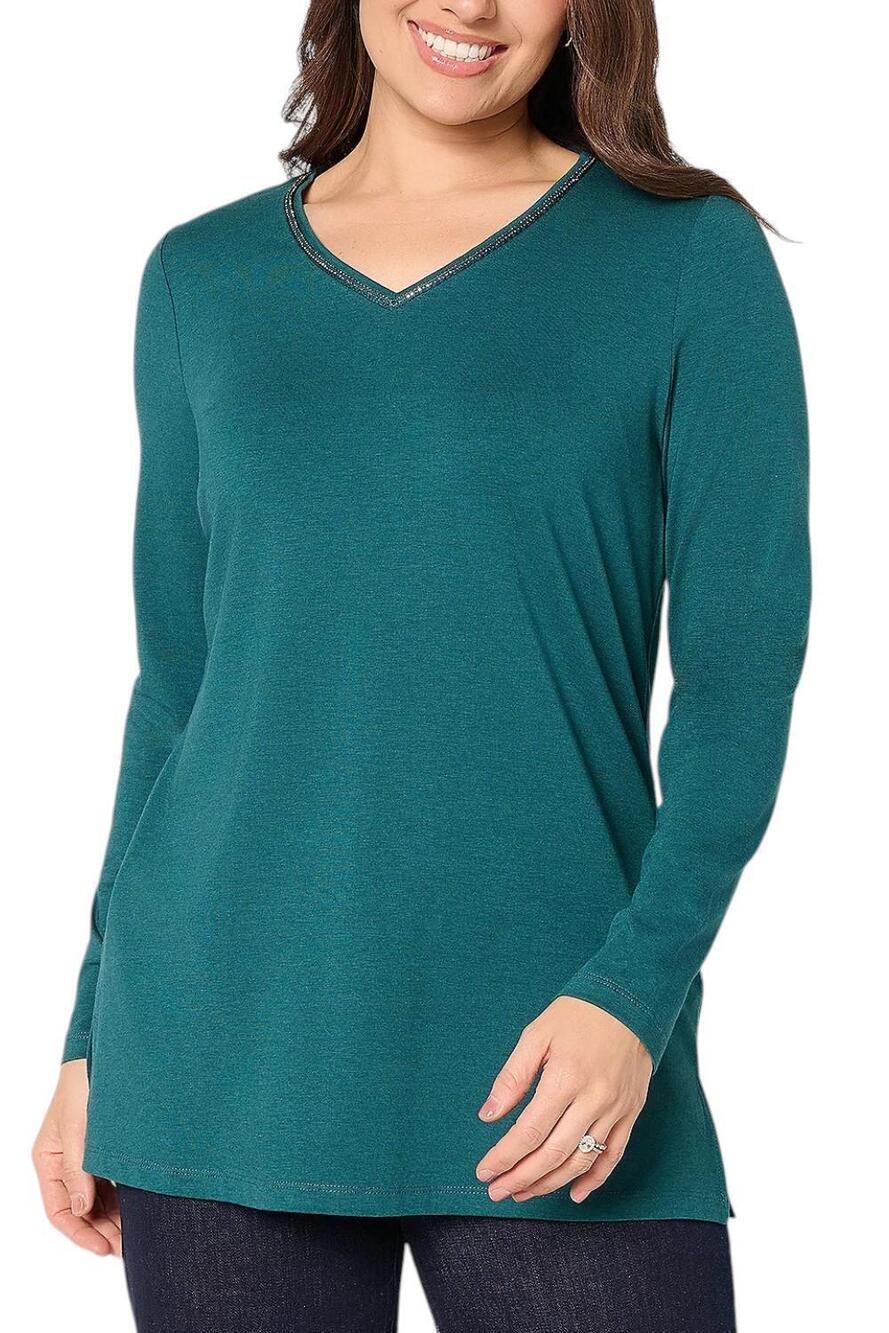 Denim & Co. Women's Favorite Jersey Beaded V-Neck Tunic Green - Regular